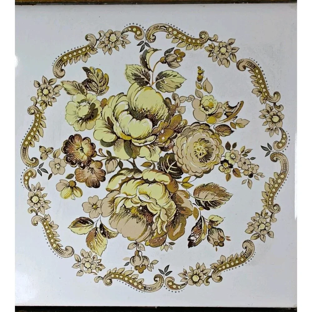 Vintage Ceramic Tile Trivet W/ Handle Carved Wood Frame Footed Floral England